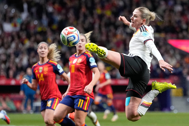 Germany's Rebecca Knaak kicks the ball during the Women's Nations League final soccer match between Spain and Germany in Madrid, Spain, Tuesday, December 2, 2025. (Photo by Bernat Armangue/AP Photo)