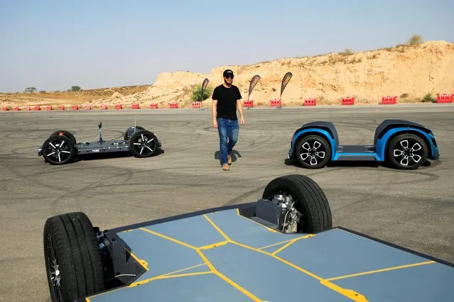 Prototypes of a rolling chassis for electric vehicles developed by Israel's REE Automotive, is seen during a test drive in Beersheba, southern Israel on September 17, 2020. (Photo by Amir Cohen/Reuters)