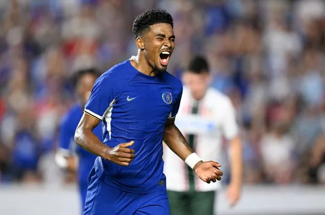 Ian Maatsen of Chelsea celebrates after scoring their team's second goal during the Pre-Season Friendly match between Chelsea FC and Wrexham at Kenan Stadium on July 19, 2023 in Chapel Hill, North Carolina. (Photo by Darren Walsh/Chelsea FC via Getty Images)