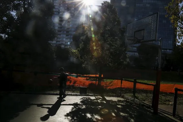 A woman plays basketball on a sunny autumn day in a park in Tokyo December 4, 2015. (Photo by Thomas Peter/Reuters)
