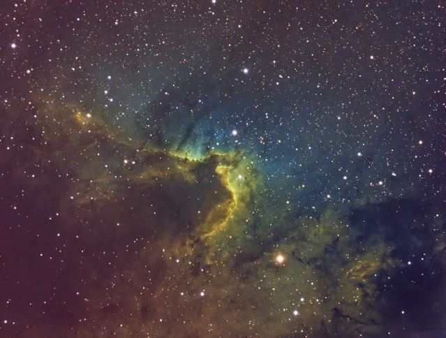 The Cave Nebula Sh2-155 or Caldwell 9,  is in the constellation Cepheus. It is approxmiatly 2400 light years away, and 35 light years across. It is a dim, and diffuse bright nebula, within a larger nebula complex containing reflection, emmison,  and dark nebulosity. (Bill Snyder)