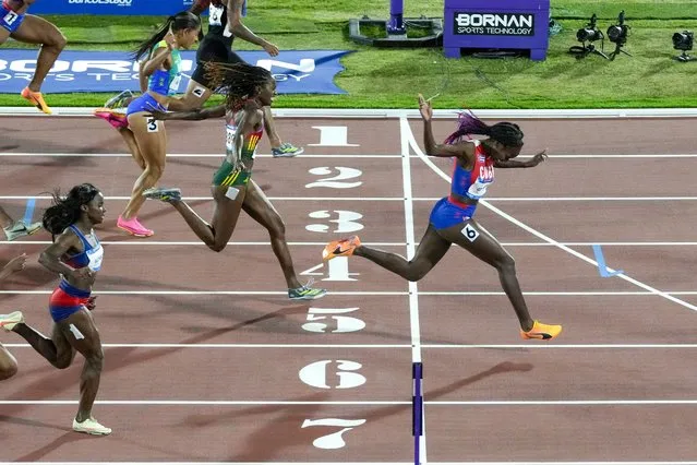 Cuba's Yunisleidy Garcia wins the gold medal in the women's 100-meter final at the Pan American Games in Santiago, Chile, Tuesday, October 31, 2023. (Photo by Moises Castillo/AP Photo)