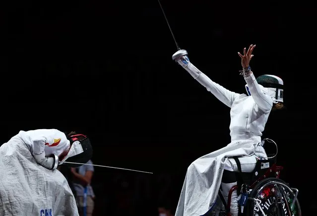 Amarilla Veres of Team Hungary celebrates after winning the Women's Épée Individual Category A Gold Medal against Jing Rong of Team China on day 2 of the Tokyo 2020 Paralympic Games at Makuhari Messe Hall B on August 26, 2021 in Chiba, Japan. (Photo by Athit Perawongmetha/Reuters)