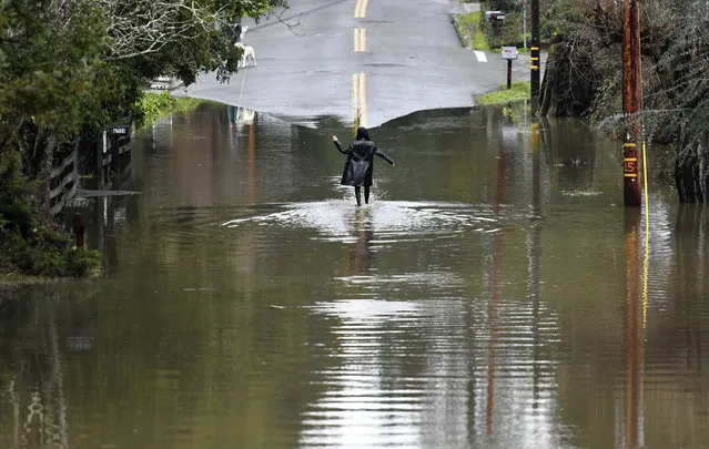 A woman walks along a flooded road in Guerneville, Calif., on Friday, February 15, 2019. In California, rainwater drained from saturated landscapes even as a new system moved into northern areas of the state and more heavy snow fell in the Sierra Nevada. (Photo by Josh Edelson/AP Photo)