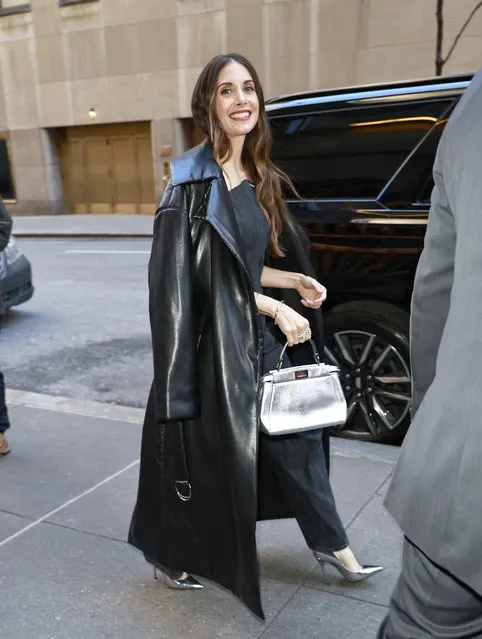 Alison Brie seen exiting NBC studios in New York City on January 17, 2024. The American actress wore a black trench coat paired with a double denim outfit and black heels. (Photo by The Image Direct)