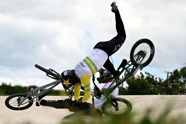 Bodi Turner of Australia crashes out during the 2024 UCI BMX Racing World Cup on February 11, 2024 in Rotorua, New Zealand. (Photo by Hannah Peters/Getty Images)