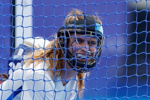 Catherine Clot of France defends her goal during the women’s hockey match against Germany at Yves-du-Manoir Stadium in Colombes, France on July 31, 2024. *Photo by Adnan Abidi/Reuters)