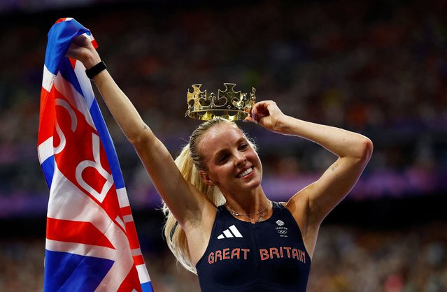 Keely Hodgekinson of Great Britain celebrates winning the Women's 800m final on day ten of the Olympic Games Paris 2024 at Stade de France on August 05, 2024 in Paris, France. (Photo by Sarah Meyssonnier/Reuters)