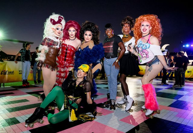 (L-R) Dawn, Q, Mirage, Megami, Hershii LiqCour-Jeté, Xunami Muse and Amanda Tori Meating attend RuPaul's Drag Race Emmy nomination celebration roller rink event at EP & LP on August 13, 2024 in Los Angeles, California. (Photo by Rodin Eckenroth/Getty Images)