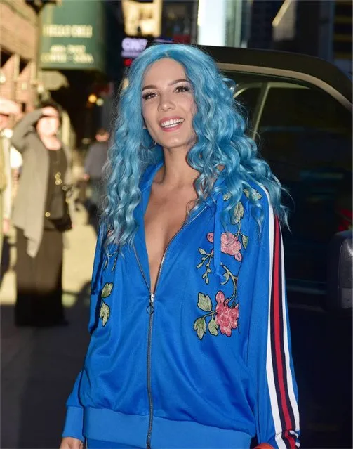 Blue-haired Halsey shows off her cleavage as she wears a low cut matching blue tracksuit top outside The Late Show With Stephen Colbert. New York City, New York on Wednesday June 7, 2017. (Photo by Darla Khazei/PacificCoastNews)