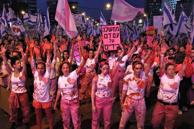 Demonstrators gather to protest the Israeli government's judicial overhaul bill, in Tel Aviv on May 6, 2023. (Photo by Jack Guez/AFP Photo)