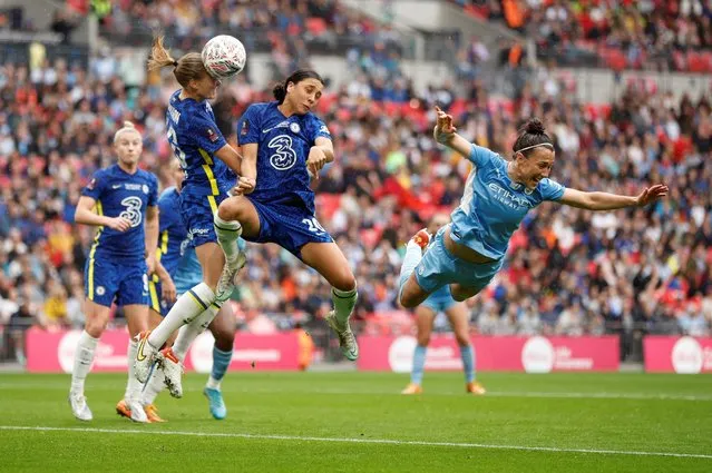 Chelsea's Magdalena Eriksson and Sam Kerr in action with Manchester City's Lucy Bronze during the Women's FA Cup Final at London's Wembley Stadium on May 15, 2022. (Photo by John Sibley/Action Images via Reuters)