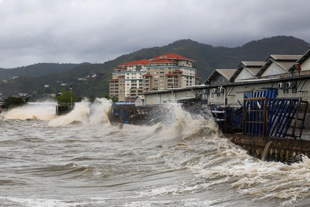 Waves crash into a sea wall after Hurricane Beryl made landfall, in Port of Spain, Trinidad and Tobago on July 1, 2024. (Photo by Andrea De Silva/Reuters)