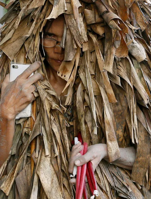 A villager, donning capes mostly of dried banana leaves and covered in mud, carries a cellphone while making the rounds of the houses to beg for candles in a bizarre annual ritual to venerate their patron saint, John the Baptist, Friday, June 24, 2016 at Bibiclat, Aliaga township, Nueva Ecija province in northern Philippines. (Photo by Bullit Marquez/AP Photo)
