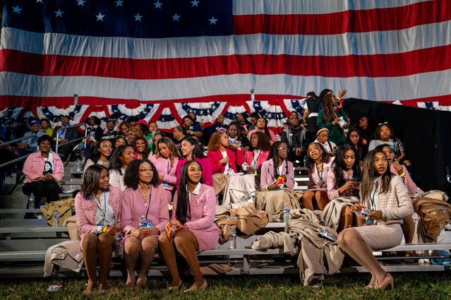 Women with Alpha Kappa Alpha Sorority Inc. sit together ahead of an election night event held by Democratic presidential nominee, U.S. Vice President Kamala Harris at Howard University on November 05, 2024 in Washington, DC. Americans cast their ballots today in the presidential race between Republican nominee former President Donald Trump and Vice President Kamala Harris, as well as multiple state elections that will determine the balance of power in Congress. (Photo by Brandon Bell/Getty Images)