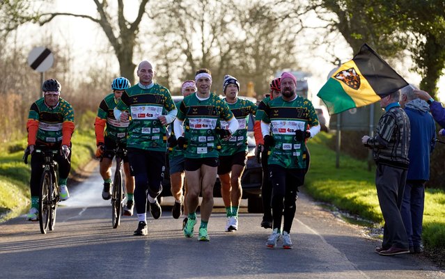 Kevin Sinfield and England Rugby head coach Steve Borthwick arriving in Naseby, Northamptonshire, on day six of the Running Home for Christmas 7 in 7 in 7 Challenge from Northampton to Leicester on Friday, December 6, 2024. (Photo by Andrew Matthews/PA Images via Getty Images)