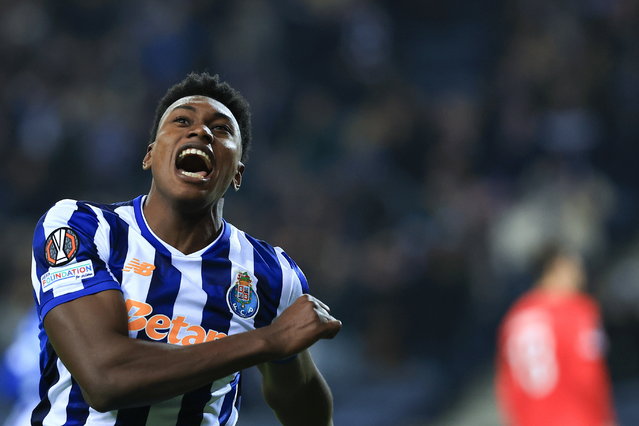 FC Porto player Samu Aghehowa celebrates after scoring the 2-0 goal during the UEFA Europa League soccer match between FC Porto vs FC Midtjylland at Dragao Stadium in Porto, Portugal, 12 December 2024. (Photo by Estela Silva/EPA)