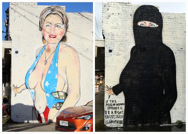 A combo picture shows a mural painted by street artist Lushsux, bearing the image of U.S. Democratic Party nominee for President Hillary Clinton wearing a stars-and-stripes themed swimsuit stuffed with cash (L) pictured on July 31, 2016 and on August 1, 2016 covered up in Islamic dress, features on the wall of a business in the Melbourne suburb of Footscray in Australia. (Photo by Jarni Blakkarly (L) and Lushsux/Reuters)