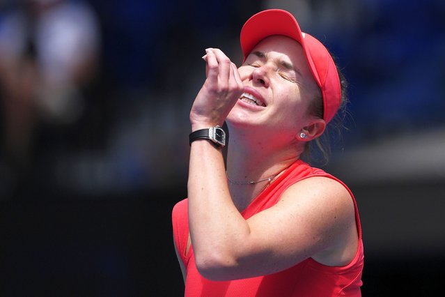 Elina Svitolina of Ukraine reacts during her quarterfinal against Madison Keys of the U.S. during their quarterfinal match at the Australian Open tennis championship in Melbourne, Australia, Wednesday, January 22, 2025. (Photo by Ng Han Guan/AP Photo)