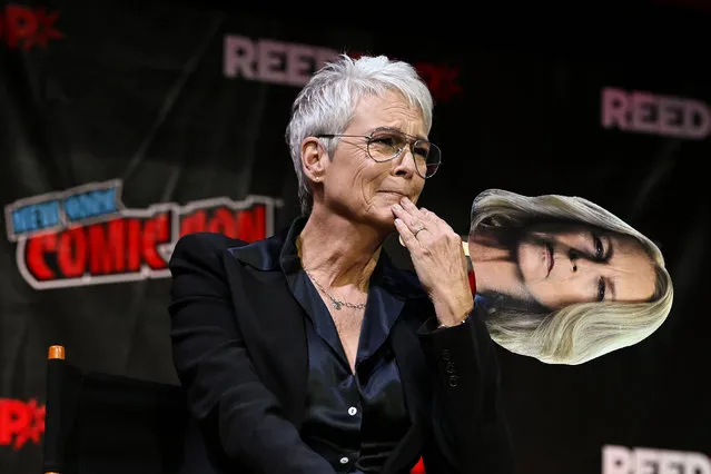 American actress Jamie Lee Curtis speaks onstage during HALLOWEEN ENDS presented by Universal Pictures during New York Comic Con at Jacob Javits Center on October 08, 2022 in New York City. (Photo by Slaven Vlasic/Getty Images for Universal Pictures)