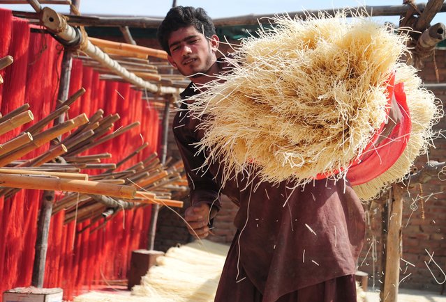 A worker prepares vermicelli, used in the production of seviyan (vermicelli pudding), a popular dessert, especially during the holy month of Ramadan, at a workshop in Hyderabad, Pakistan, 11 March 2025. (Photo by Nadeem Khawer/EPA/EFE)