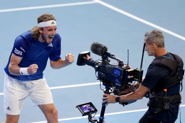Stefanos Tsitsipas of Greece celebrates after winning his match against Borna Coric of Croatia during the 2023 United Cup City Final tennis match between Greece and Croatia at RAC Arena in Perth, Western Australia, Australia, 04 January 2023. (Photo by Richard Wainwright/EPA/EFE)