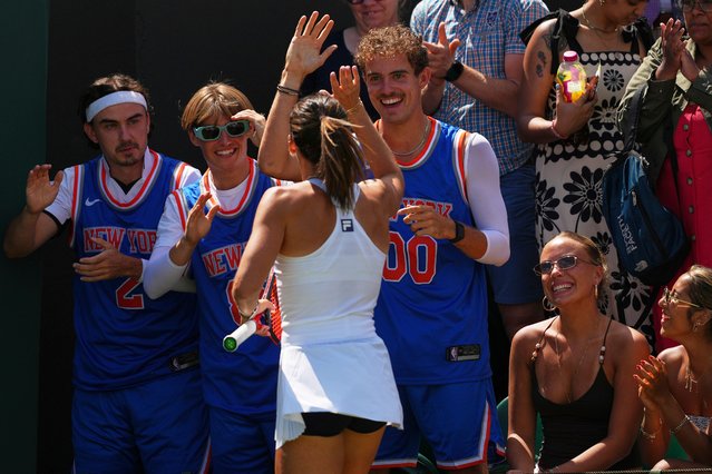 Emma Navarro of the U.S. celebrates with supporters after beating Veronika Kudermetova of Russia in their second round women's singles match at the Wimbledon Tennis Championships in London, Thursday, July 3, 2025. (Photo by Joanna Chan/AP Photo)