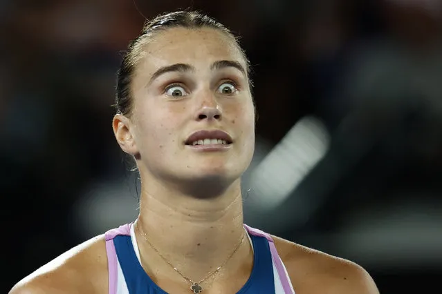 Aryna Sabalenka of Belarus reacts after losing the first game of the third set to Elena Rybakina of Kazakhstan in the women's singles final during the women's singles final at the Australian Open tennis championship in Melbourne, Australia, Saturday, January 28, 2023. (Photo by Asanka Brendon Ratnayake/AP Photo)