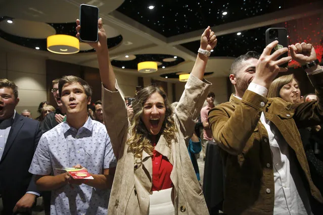 Supporters of Republican Beth Van Duyne react as she delivers her acceptance speech at the Hurst Conference Centre in Hurst, Texas on November 3, 2020. (Photo by Tom Fox/AP Photo)