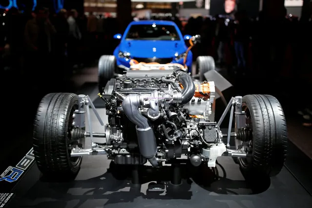 A Peugeot 308 R Hybrid engine is displayed at the Paris auto show, in Paris, France, October 14, 2016. (Photo by Benoit Tessier/Reuters)