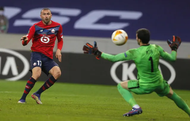 Lille's Burak Yilmaz scored his side's second goal during the Europa League Group H soccer match between Lille and AC Sparta Praha at the Stade Pierre Mauroy stadium in Villeneuve d'Ascq, northern France, Thursday, December 3, 2020. (Photo by Michel Spingler/AP Photo)
