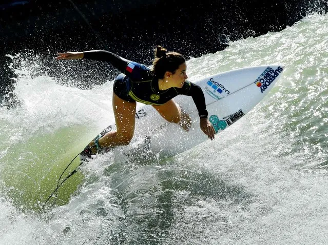 Johanne Defay of France surfs during the qualifiers for the final of the World Surf League (WSL) Founders' Cup of Surfing, at the Kelly Slater Surf Ranch in Lemoore, California on May 6, 2018. The two-day event brings twenty five of the worlds top surfers to compete on perfect machine-created waves in a half-mile long (.8kms) wave pool situated 100 miles (160.9kms) inland from the Pacific Ocean. (Photo by Mark Ralston/AFP Photo)