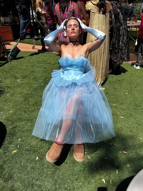 American actress Kristen Bell wears a Cinderella gown while sharing a behind the scenes snap of “Nobody Wants This” on October 27, 2025. (Photo by kristenanniebell/Instagram)