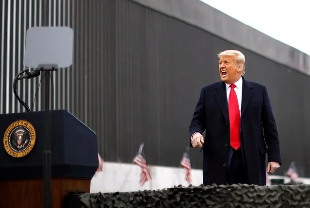 U.S. President Donald Trump yells as he visits the U.S.-Mexico border wall, in Alamo, Texas, U.S., January 12, 2021. (Photo by Carlos Barria/Reuters)