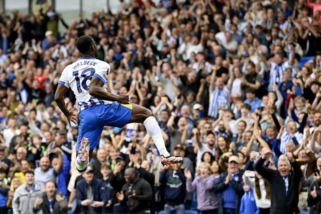 Brighton's English striker #18 Danny Welbeck celebrates scoring the team's second goal during the English Premier League football match between Brighton and Hove Albion and Nottingham Forest at the American Express Community Stadium in Brighton, southern England on September 22, 2024. (Photo by Justin Tallis/AFP Photo)
