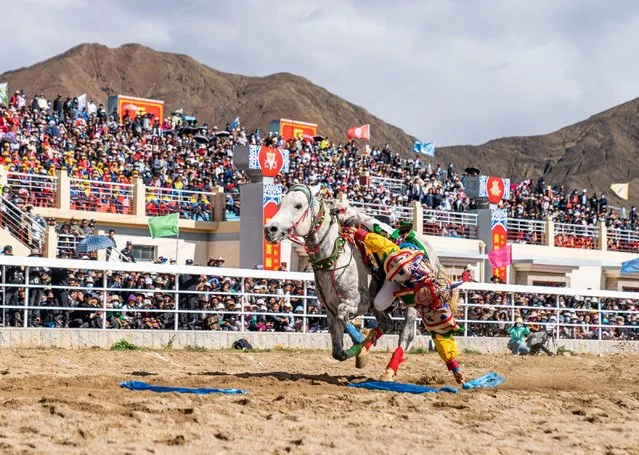 A rider picks up a hada, a traditional Tibetan ceremonial scarf, during a horse racing event of the 18th Mount Qomolangma culture and tourism festival in Xigaze, southwest China's Tibet Autonomous Region on June 20, 2023. (Photo by Sun Fei/Xinhua News Agency/Alamy Live News)
