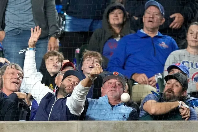 Fans react to a foul ball by Chicago Cubs' Patrick Wisdom during the sixth inning of the team's baseball game against the Pittsburgh Pirates on Tuesday, September 19, 2023, in Chicago. (Photo by Charles Rex Arbogast/AP Photo)