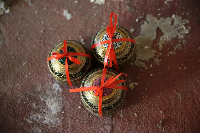 Painted empty shells to be used by Akram Abu al-Foz as decorations on a Christmas tree are seen on the ground in the rebel held besieged city of Douma, in the eastern Damascus suburb of Ghouta, Syria December 23, 2016. (Photo by Bassam Khabieh/Reuters)