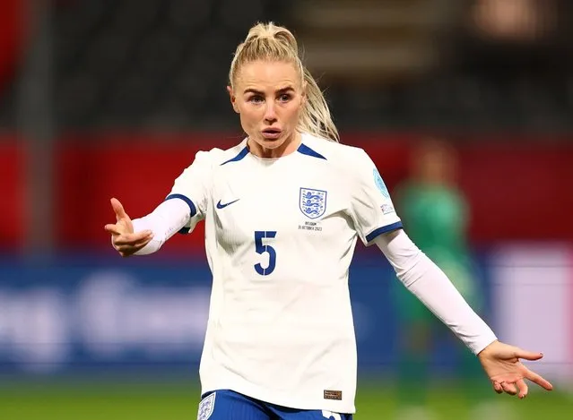Alex Greenwood of England runs with the ball during the UEFA Womens Nations League match between Belgium and England at Den Dreef Stadium on October 31, 2023 in Leuven, Belgium. (Photo by Naomi Baker/The FA via Getty Images)
