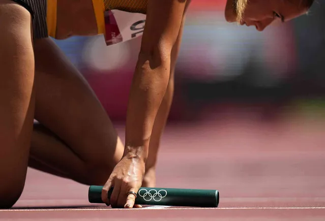 Rebekka Haase, of Germany prepares to start a semifinal of the women's 4 x 100-meter relay at the 2020 Summer Olympics, Thursday, August 5, 2021, in Tokyo, Japan. (Photo by Francisco Seco/AP Photo)
