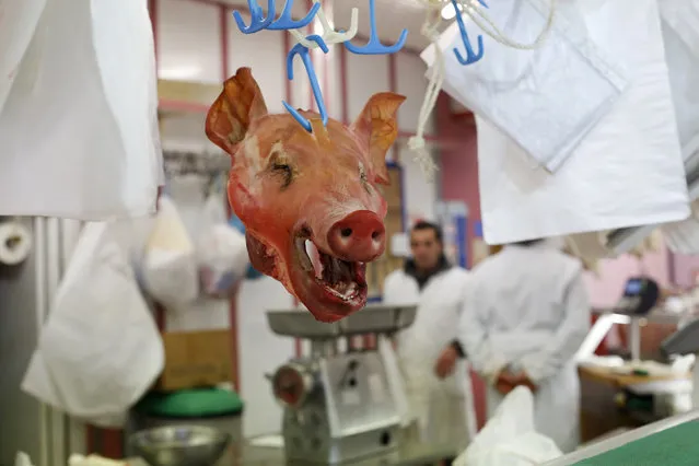 A pork head is seen hung in a butcher's shop in the central market in Florence, Italy March 1, 2016. (Photo by Tony Gentile/Reuters)