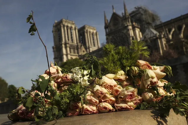 A bunch of flowers lies by the Seine riverside near the Notre Dame cathedral, background, in Paris, Thursday, April 18, 2019. France is paying a daylong tribute Thursday to the Paris firefighters who saved the internationally revered Notre Dame Cathedral from collapse and rescued its treasures from encroaching flames. (Photo by Francisco Seco/AP Photo)