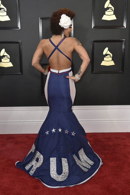 Joy Villa wears a gown that says Trump as she arrives at the 59th annual Grammy Awards at the Staples Center on Sunday, February 12, 2017, in Los Angeles. (Photo by Jordan Strauss/Invision/AP Photo)