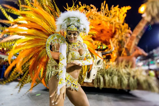A member of Vila Isabel samba school performs during its parade at 2014 Brazilian Carnival at Sapucai Sambadrome on March 03, 2014 in Rio de Janeiro, Brazil. (Photo by Buda Mendes/Getty Images)