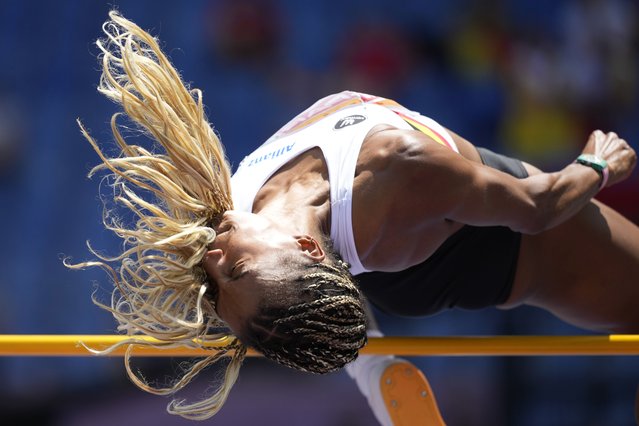 Nafissatou Thiam, of Belgium, makes an attempt in the heptatlon high jump the heptatlon high jump at the the European Athletics Championships in Rome, Friday, June 7, 2024. (Photo by Andrew Medichini/AP Photo)