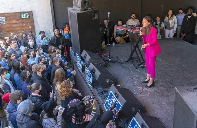 U.S. Representative Alexandria Ocasio-Cortez (AOC) speaks to a few hundred fans as she campaigns for Democrat candidate Greg Casar in a new Texas District 35 in central Texas on February 13, 2022. (Photo by Bob Daemmrich/ZUMA Press Wire/Rex Features/Shutterstock)