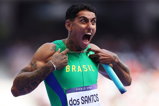 Gabriel Dos Santos of Team Brazil reacts prior to the Men's 4 x 100m Relay on day thirteen of the Olympic Games Paris 2024 at Stade de France on August 08, 2024 in Paris, France. (Photo by Hannah Peters/Getty Images)