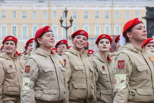Yunarmiya (Young Army) cadets rehearse their march in formation for the upcoming Victory Day parade set to mark the 77th anniversary of the victory over Nazi Germany in World War II in St Petersburg, Russia on April 26, 2022. (Photo by Alexander Demianchuk/TASS)