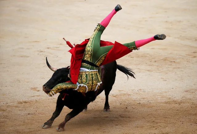 Spanish bullfighter Miguel Angel Perera gets tackled by a bull during a bullfight at the San Fermin Festival in Pamplona, northern Spain, July 13, 2016. (Photo by Susana Vera/Reuters)