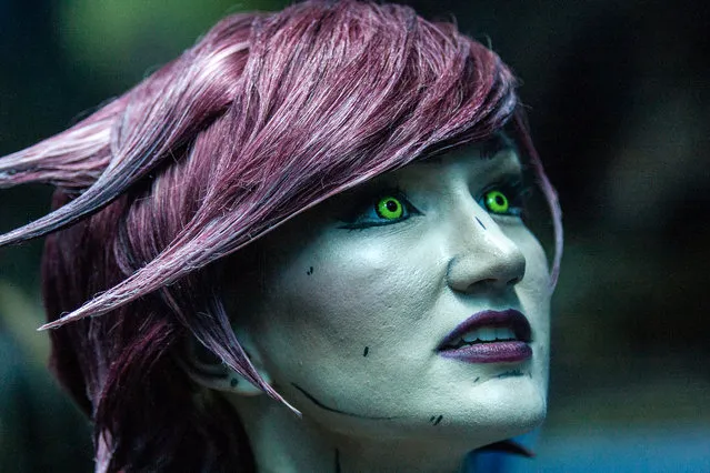 In this Saturday, September 5, 2015, photo, a woman in costume watches sea life swim past her during a private party held at the Georgia Aquarium as part of Dragon Con in Atlanta. (Photo by Ron Harris/AP Photo)